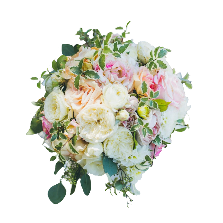 Ein runder Blumenstrauß mit rosa, weißen und grünen Blüten.
