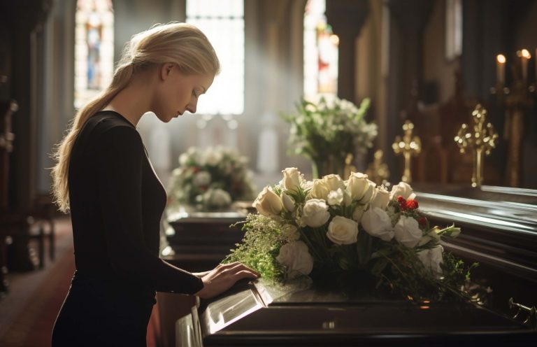 Traurige Frau in schwarzem Kleid steht an einem mit Blumen geschmückten Sarg.